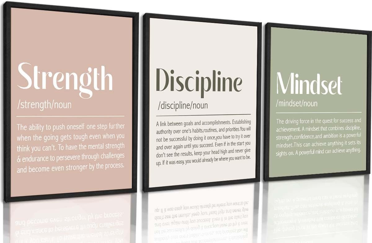Strength Mindset Discipline Set of 3 Motivational Fitness Wall Art Pos