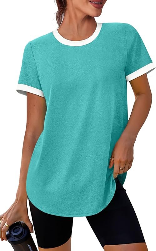 Women's Short Sleeve Workout Tops Color Block Athletic Gym Shirts UPF 