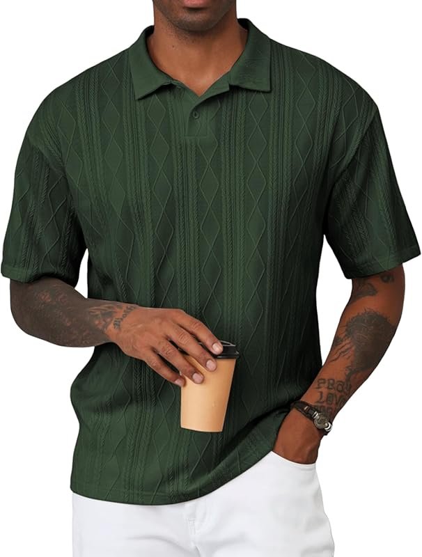 JMIERR Mens Textured Knit Short Sleeve Golf Polo Shirt - Stretchy Casu