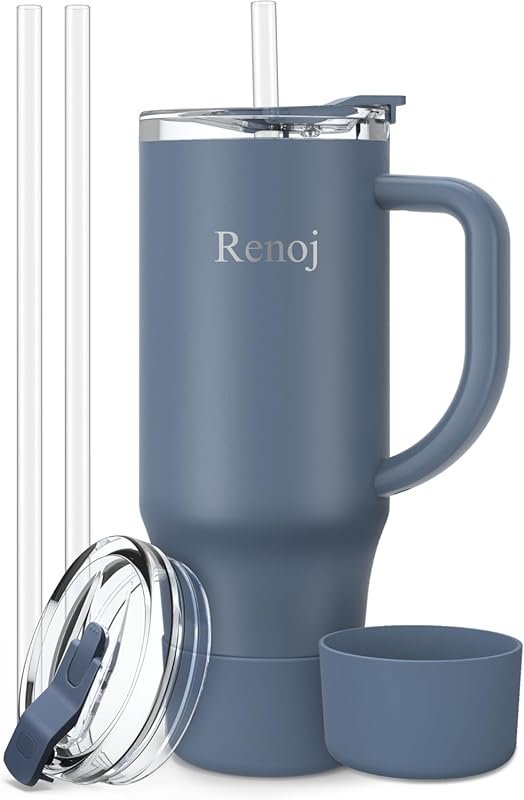 Renoj 32 oz Insulated Leak-Proof Mug with 2 Straws & Silicone Boot, Na