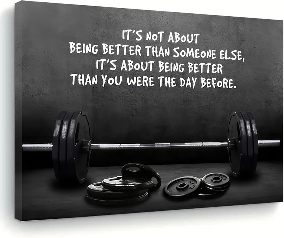 Black & White Motivational Gym Canvas Wall Art with Barbell Design, Fr