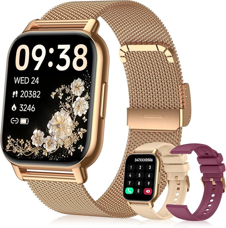 Women's Gold Smartwatch 3 Bands Bluetooth Calls IPX8 Waterproof 112+ S