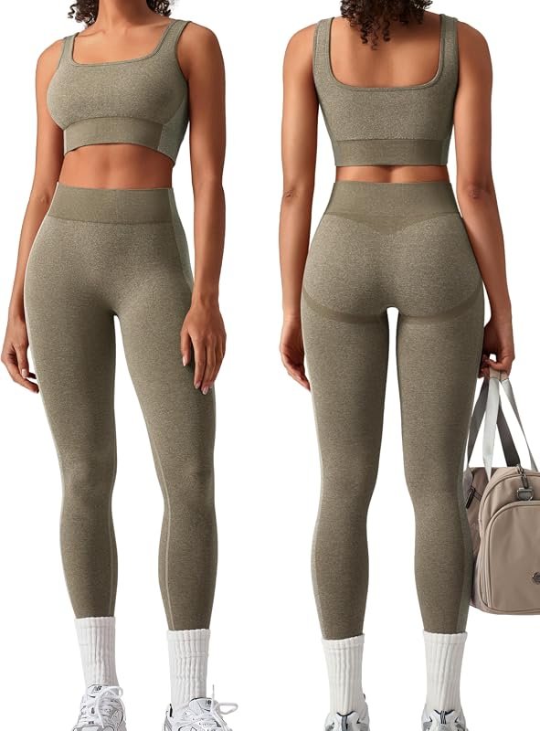 OLCHEE Women’s 2-Piece Workout Set, Square Neck Sports Bra and High Wa