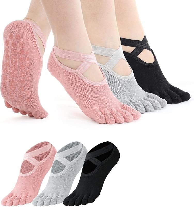 Non-Slip Pilates Yoga Toe Socks for Women, 3 Pairs Breathable Grippy S