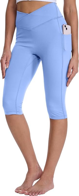 Women's Knee Length Capri Leggings with Deep Pockets Stretchy Soft Pan