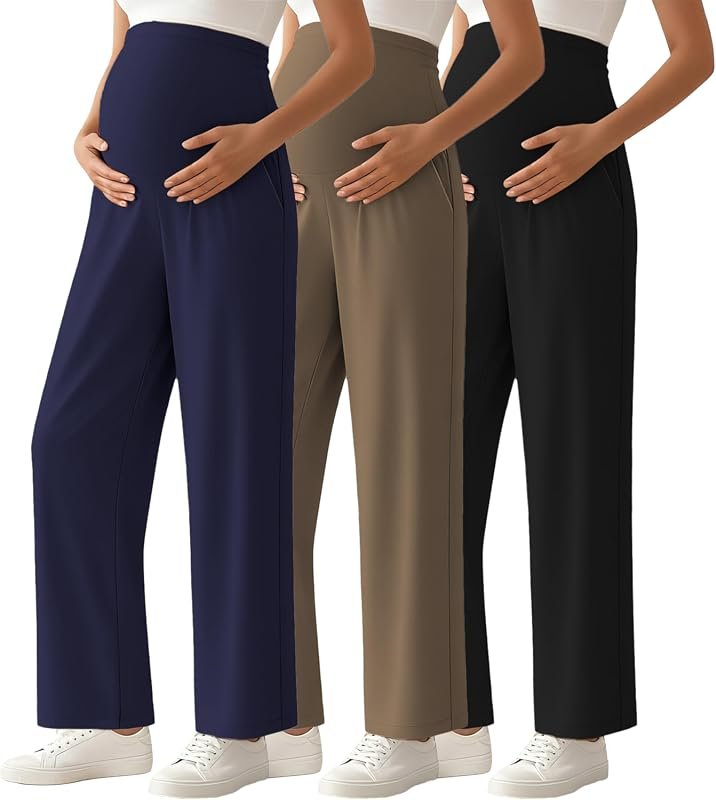 Ecavus 3-Pack Women's Over Belly Maternity Pants for Work, Soft Stretc