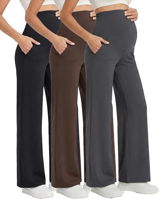 Coume 3-Pack Women's Over Belly Maternity Work Pants, Stretchy Straigh