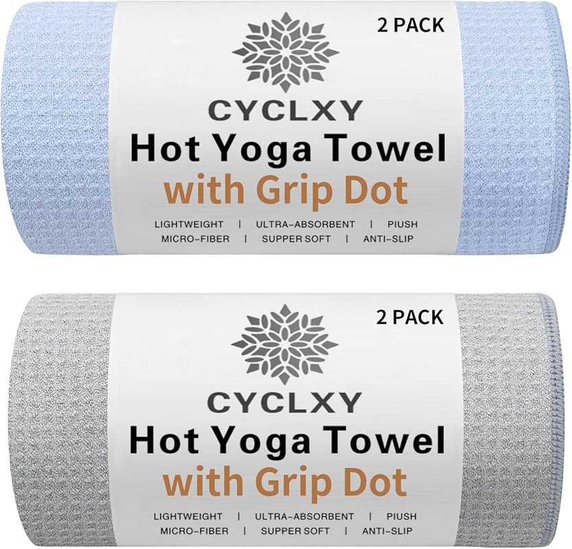 2 Pack Hot Yoga Towel with Grip Dots, Non-Slip Microfiber Absorbent Yo