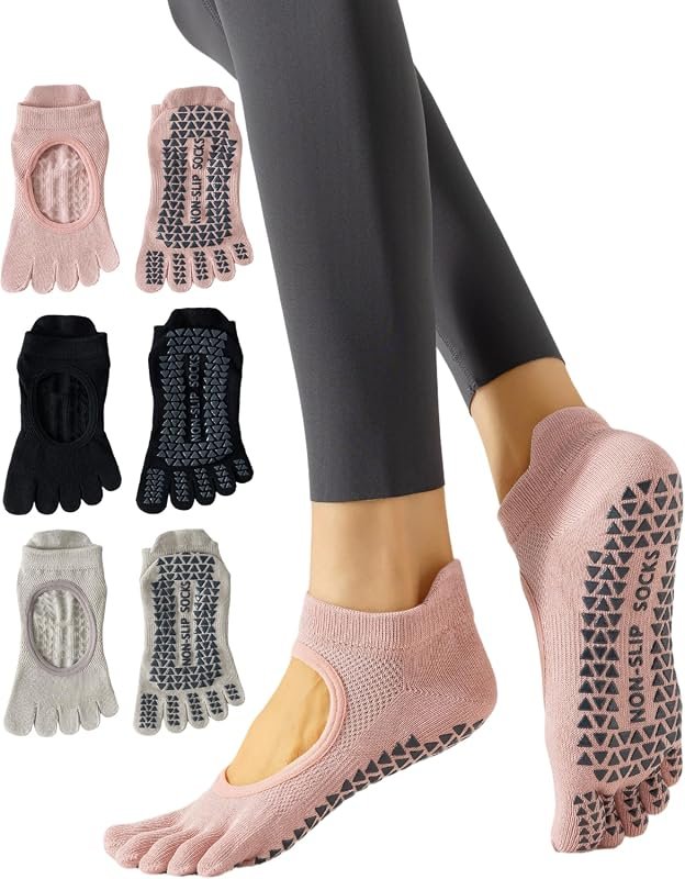 Yawlsow Non-Slip Pilates Yoga Toe Socks for Women, 3 Pairs Grippy Five