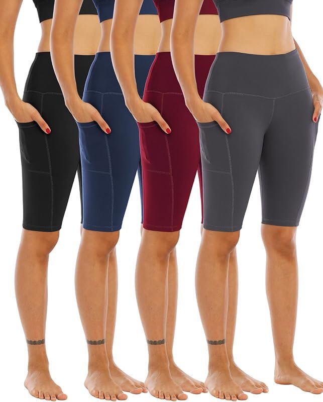 WHOUARE 4 Pack High Waisted Biker Yoga Shorts with Pockets, Tummy Cont