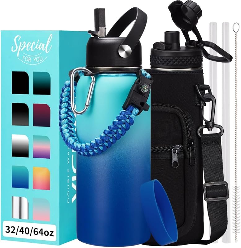 Triple Walled Insulated Stainless Steel Water Bottle, 32oz-64oz, Inclu