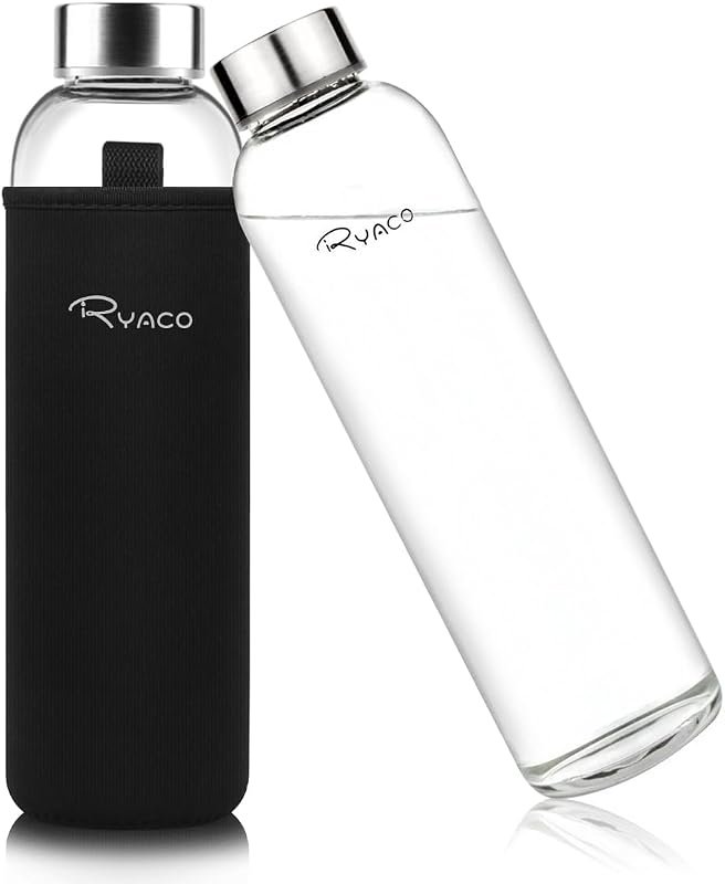 Ryaco 33oz Borosilicate Glass Water Bottle, BPA-Free, Leak-Proof, Incl