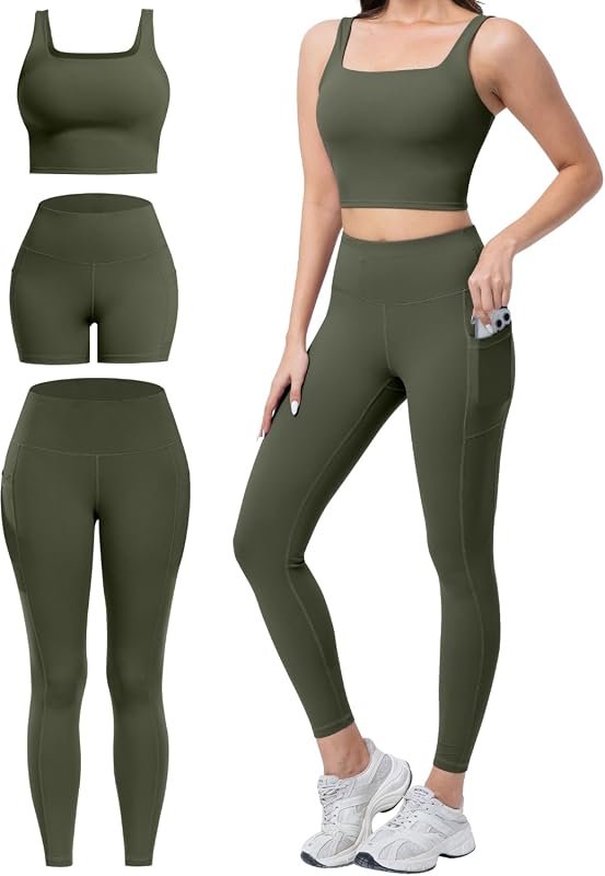 3-Piece Women’s Workout Set High Waisted Leggings with Pockets Tummy C