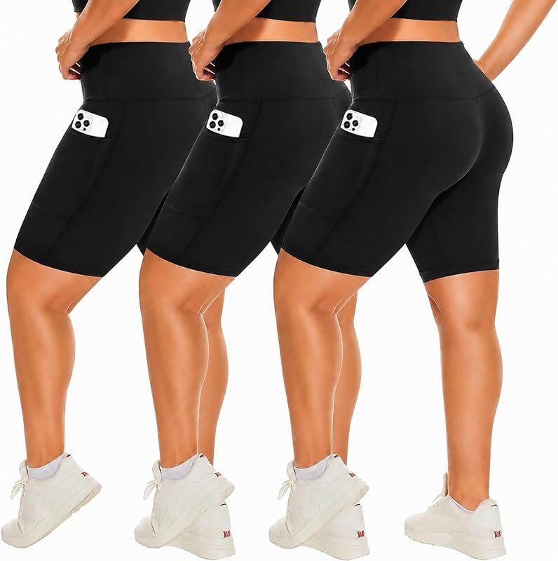 HLTPRO 3 Pack Plus Size Biker Shorts for Women with Convenient Pocket 