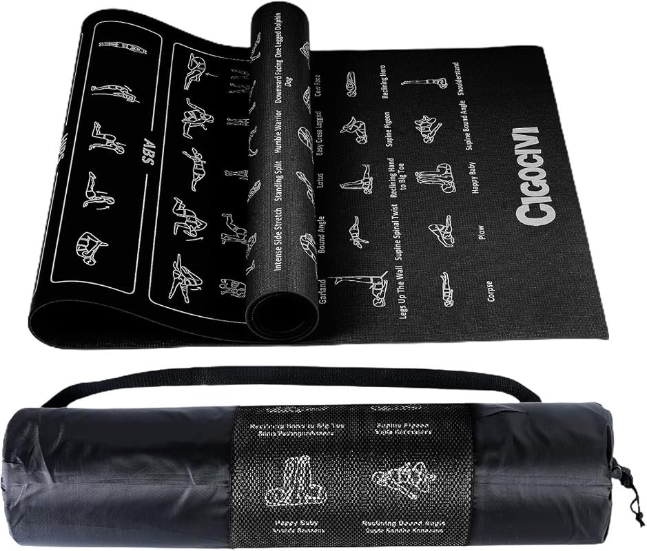 Instructional Print Yoga Mat with Poses and Stretches and 0.25 Inch Cu