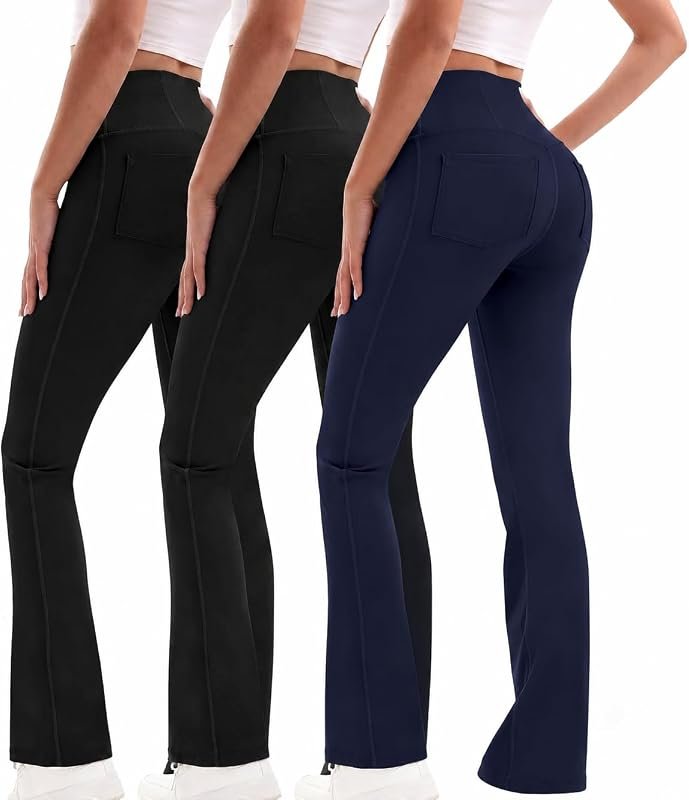 Women’s High Waisted Crossover Flare Leggings with Pockets, Tummy Cont